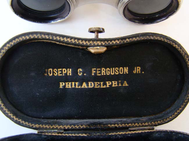 A fine pair of mother-of-pearl mounted and silver plated Opera glasses by Lemaire of Paris and retailed by Joseph Ferguson of Philadelphia circa 1890 — image 2
